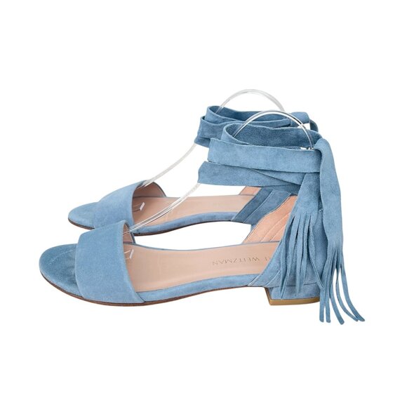 Stuart Weitzman Corbata Blue Suede Lace-Up Sandals - Picture 3 of 9